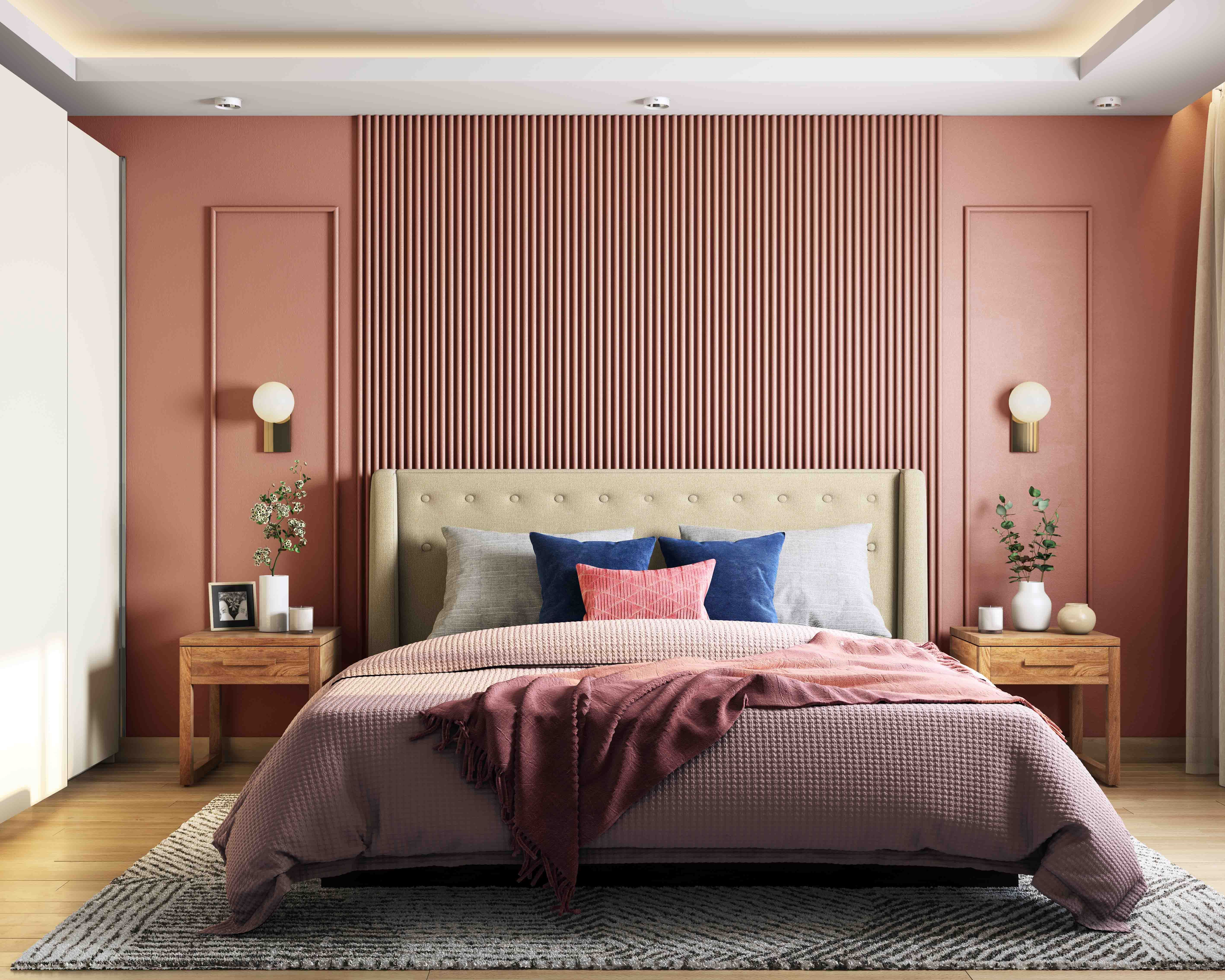 Contemporary Pink Bedroom Wall Paint Design With Fluted Panels