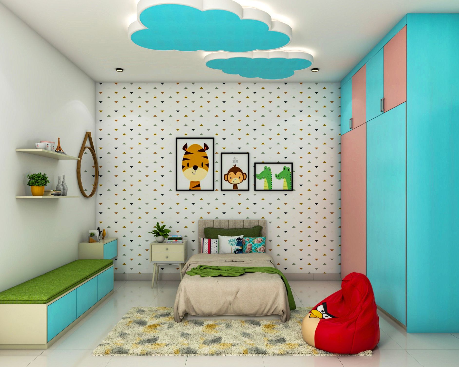 Modern White Kids Bedroom Wallpaper Design With Triangular Motifs