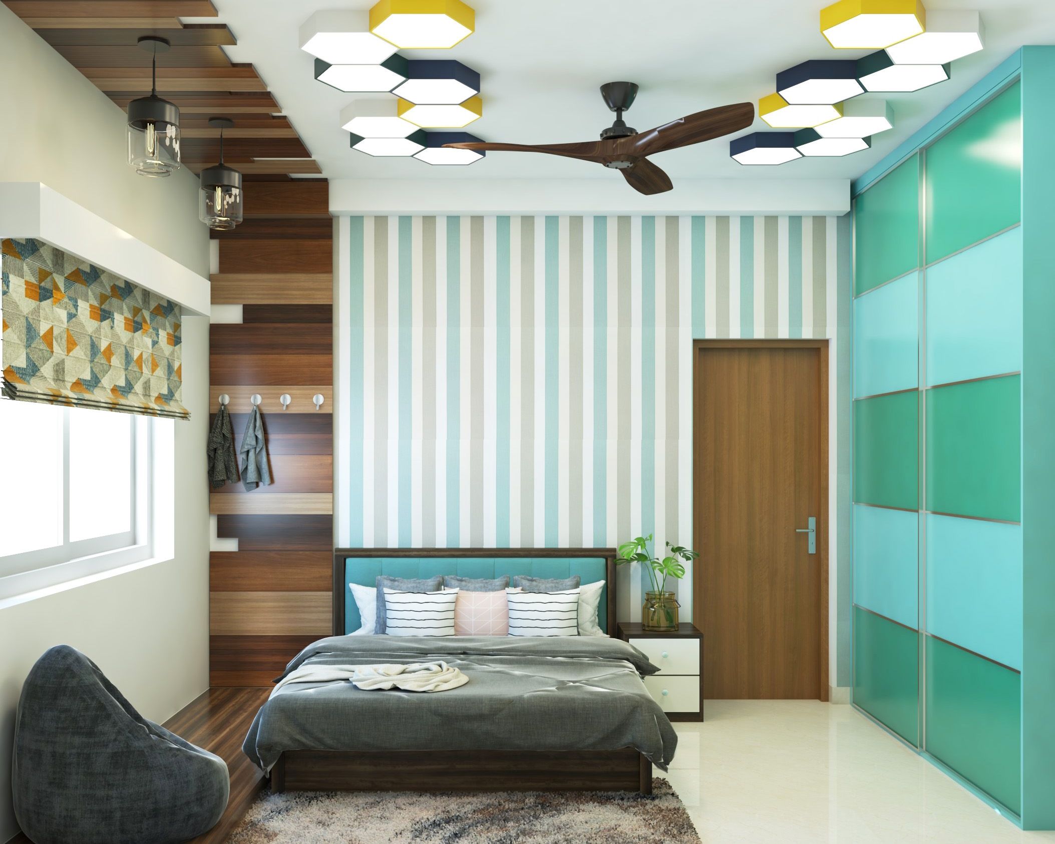 Modern Multicoloured Striped Bedroom Wallpaper Design