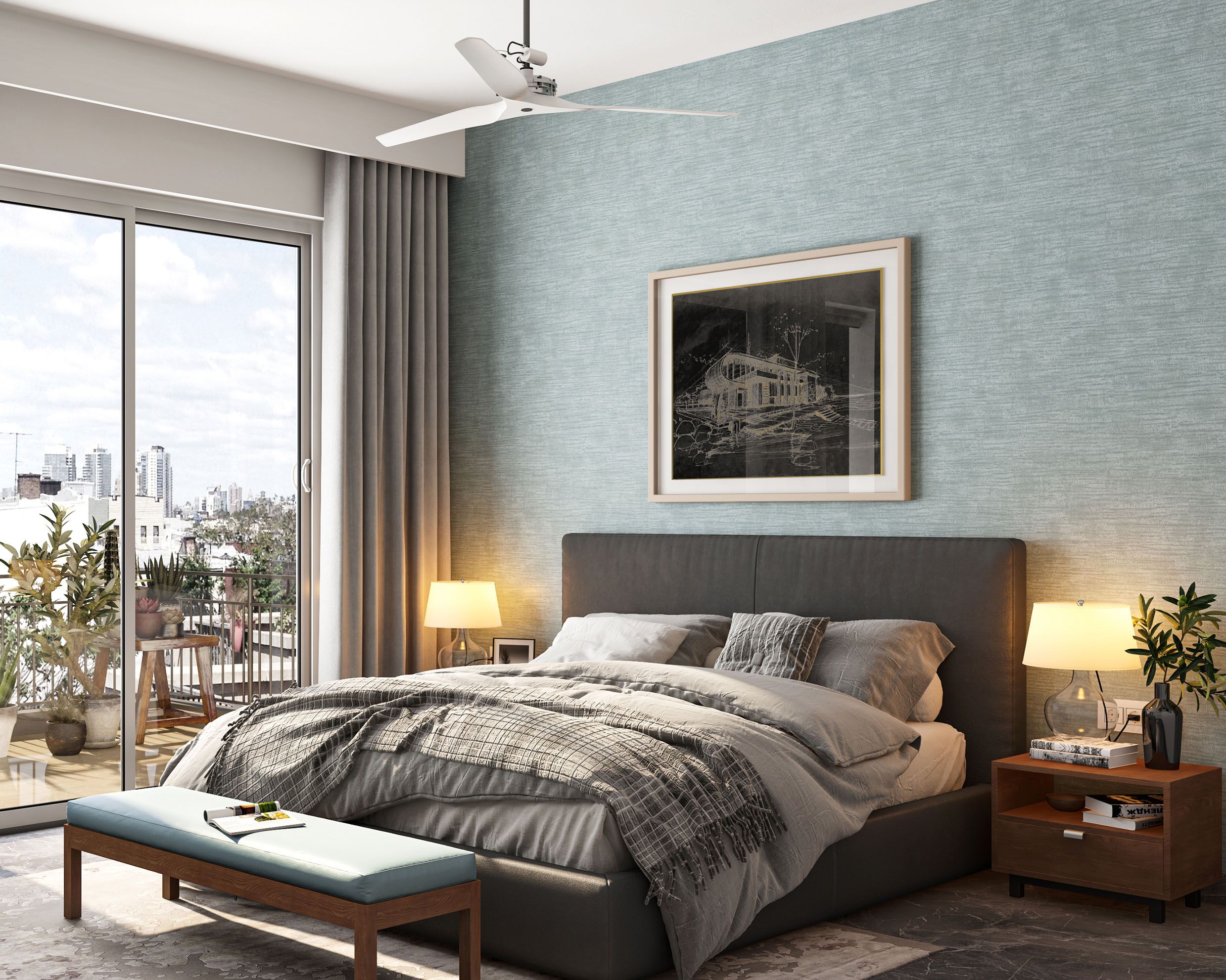 Contemporary Textured Light Blue Bedroom Wallpaper Design