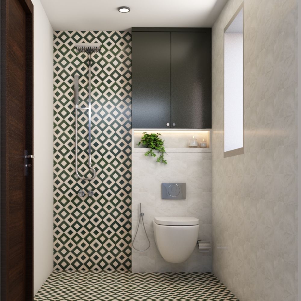 Dark Green And White Bathroom Tile Design With Geometric Pattern | Livspace