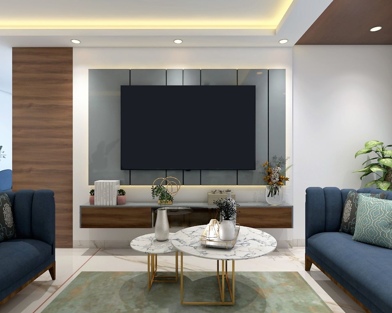 Wall-Mounted Contemporary TV Unit Design With Grey Glossy Wall Panel And Wooden Console