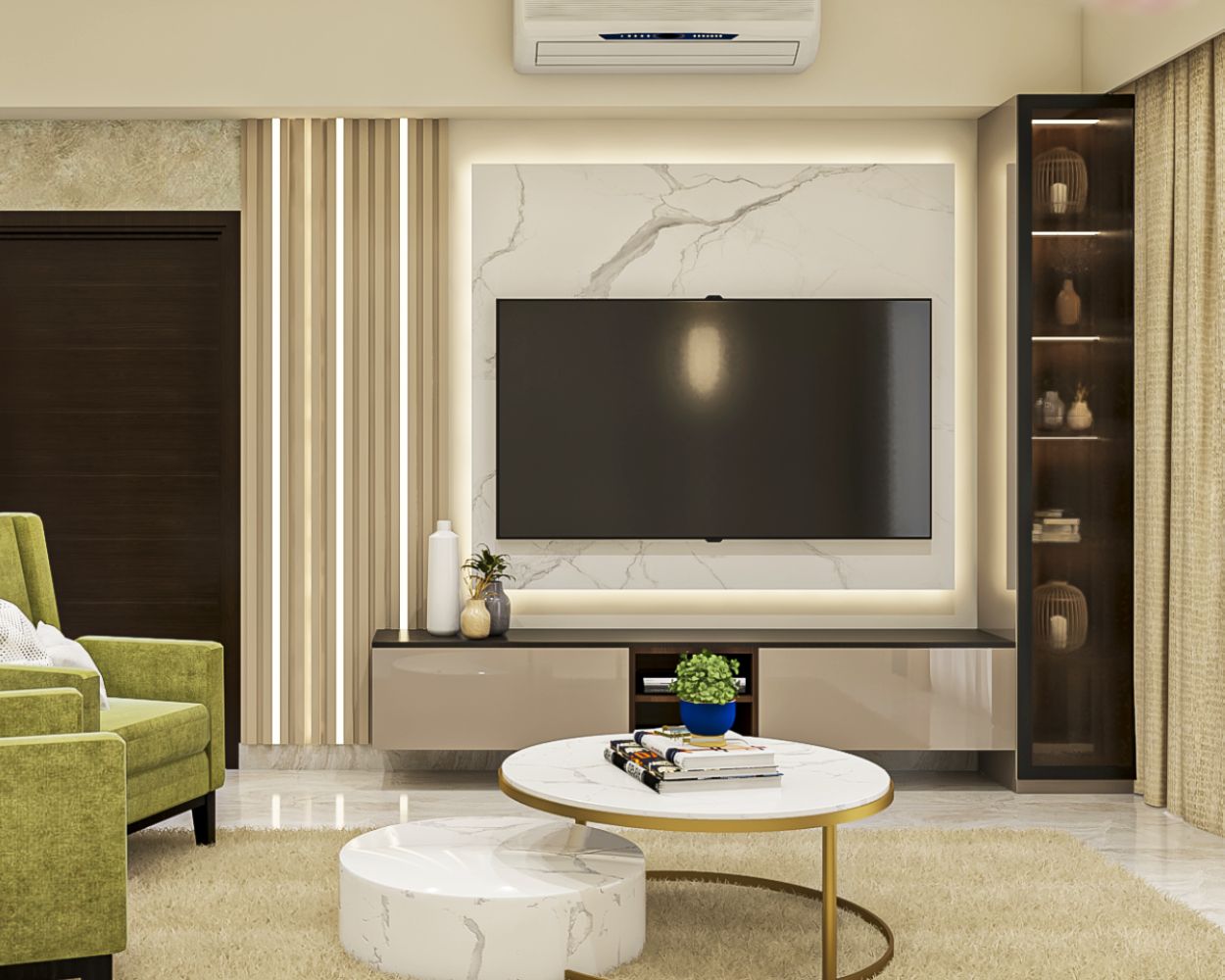 Modern Irish Cream And Wooden Wall-Mounted TV Unit Design With Glass Unit