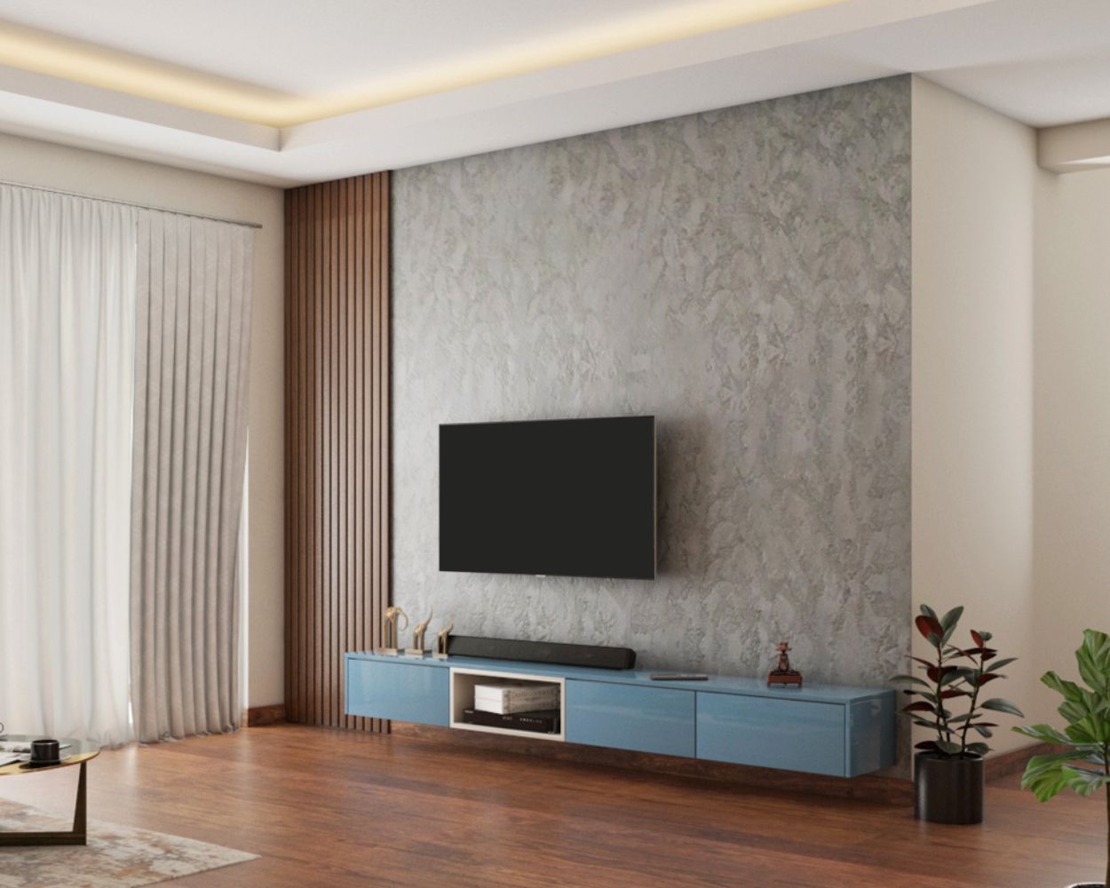 Modern Glossy Blue TV Unit Design With Grey Textured Wallpaper And Wooden Panelling