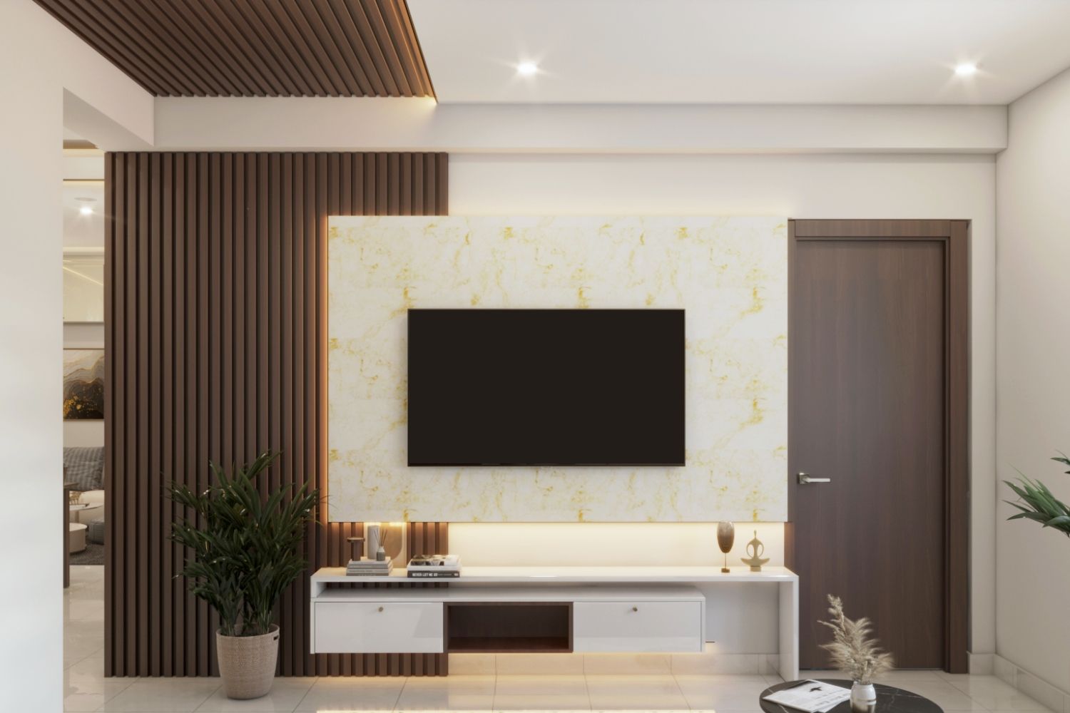 Modern TV Unit Design With Marble Back Wall And Wooden Panelling