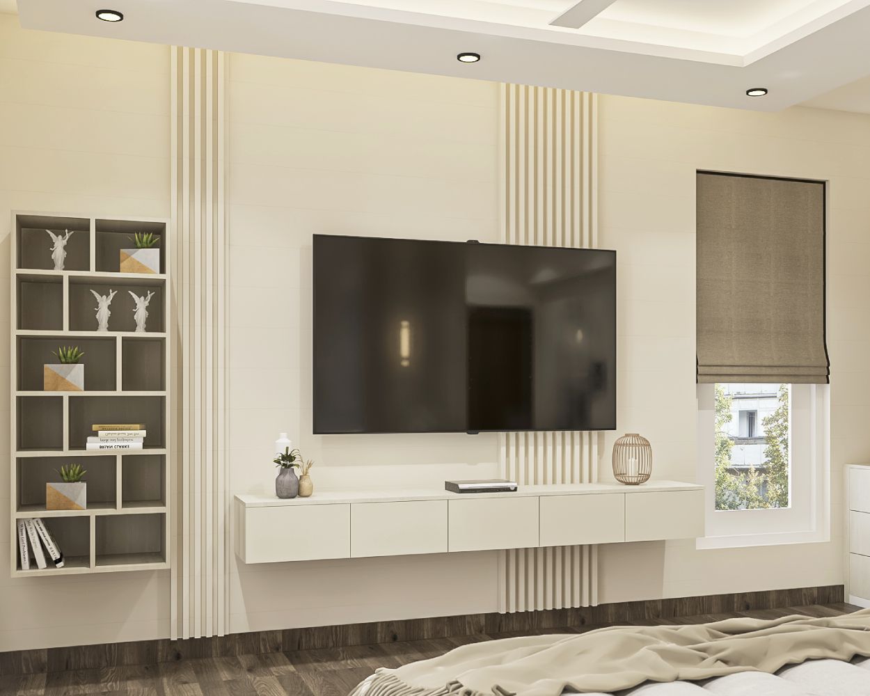 Champagne-Toned Modern TV Unit Design With Wall-Mounted Console And Built-In Wall Storage