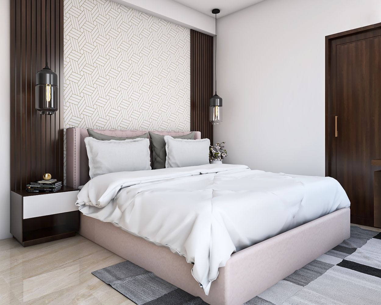 Modern Bedroom Wall Design With Geometric Wallpaper And Wooden Wall Panelling
