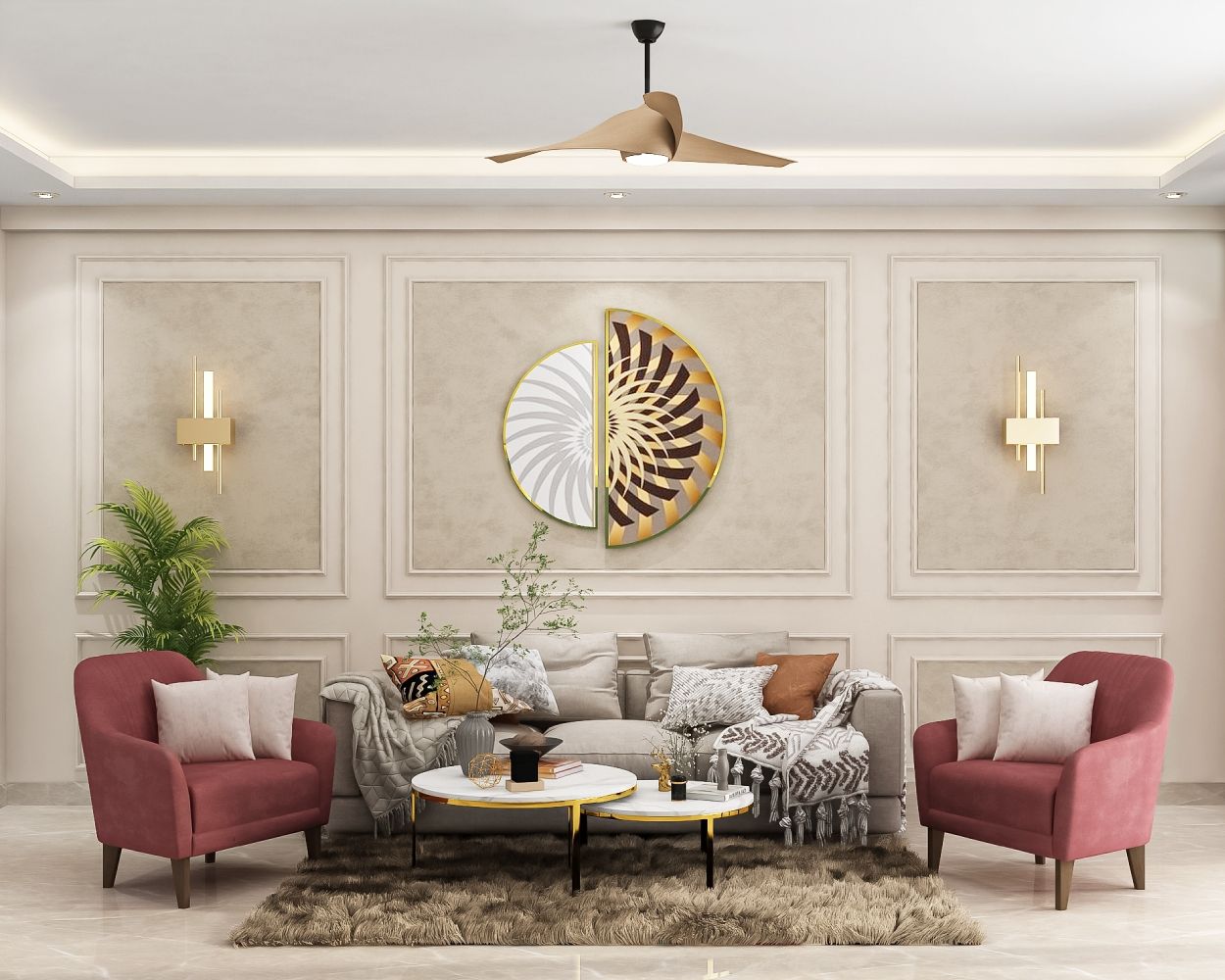 Elegant Living Room Wall Design With Wall Trims And Gold Wall Decor ...