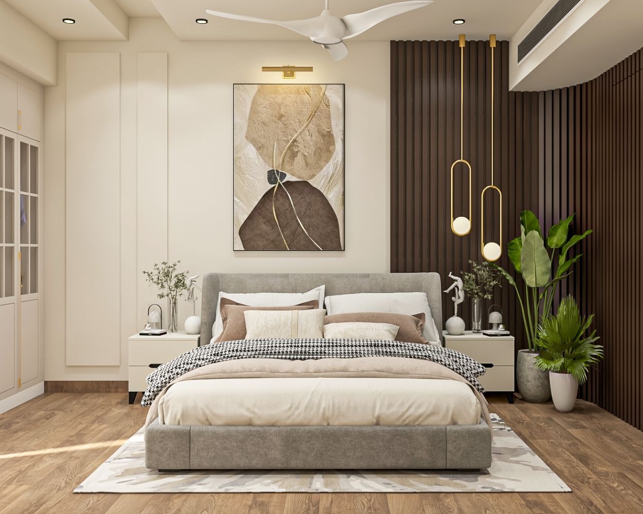 White And Brown Bedroom Wall Design With White Trims And Wooden ...