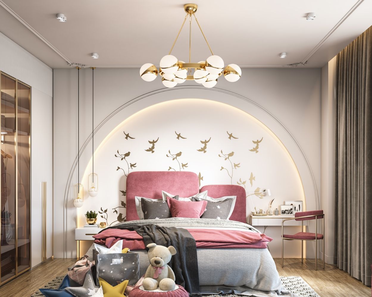 Art Deco Bedroom Wall Design With Arch And Wall Niche