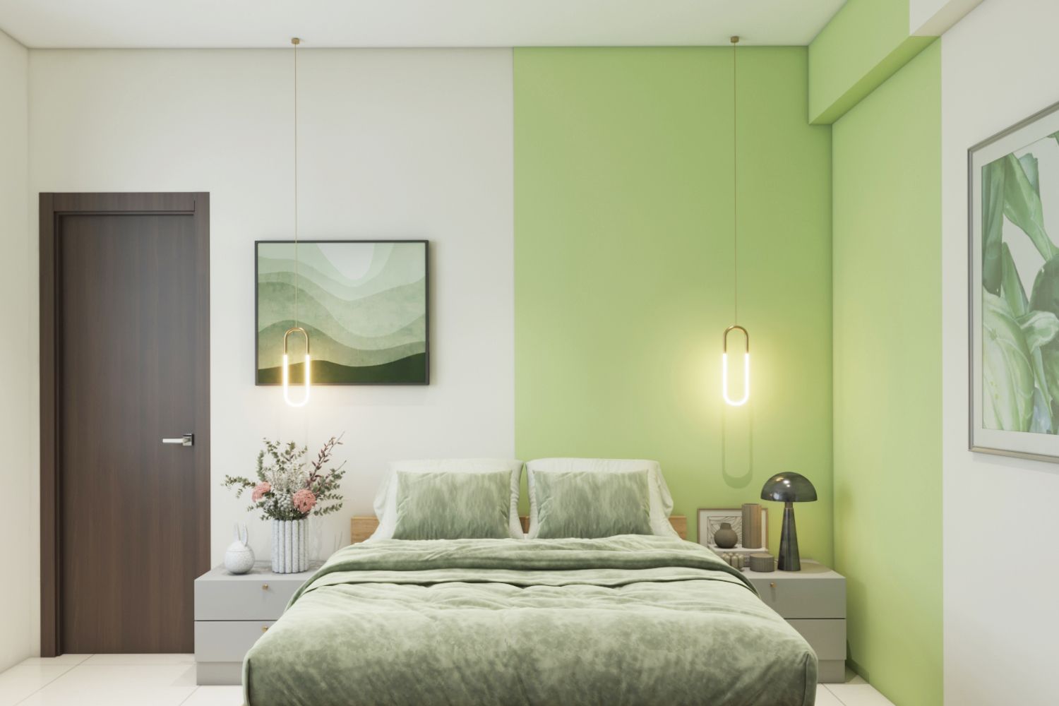 Modern Dual-Toned Green And White Wall Paint Design For Bedrooms