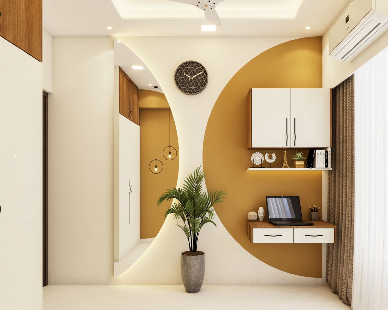 Modern Off-White And Arched Mustard Yellow Wall Paint Design