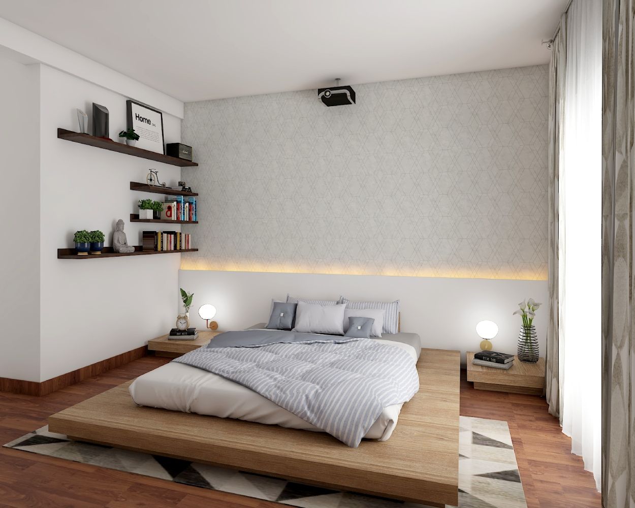 Scandinavian Beige Bedroom Wallpaper Design With Geometric Patterns