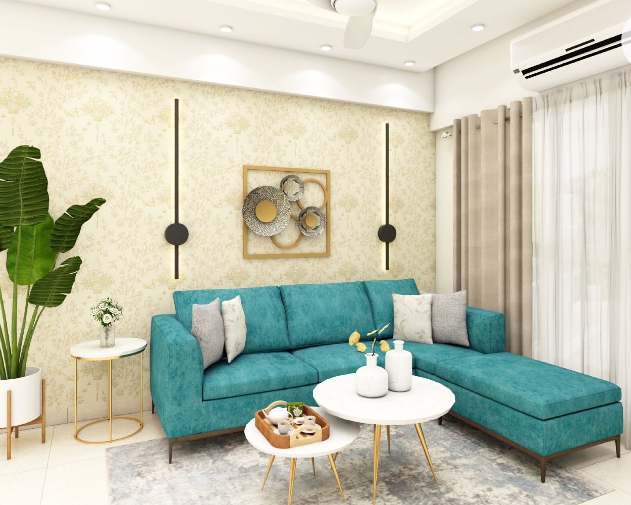 Contemporary Floral Beige Living Room Wallpaper Design