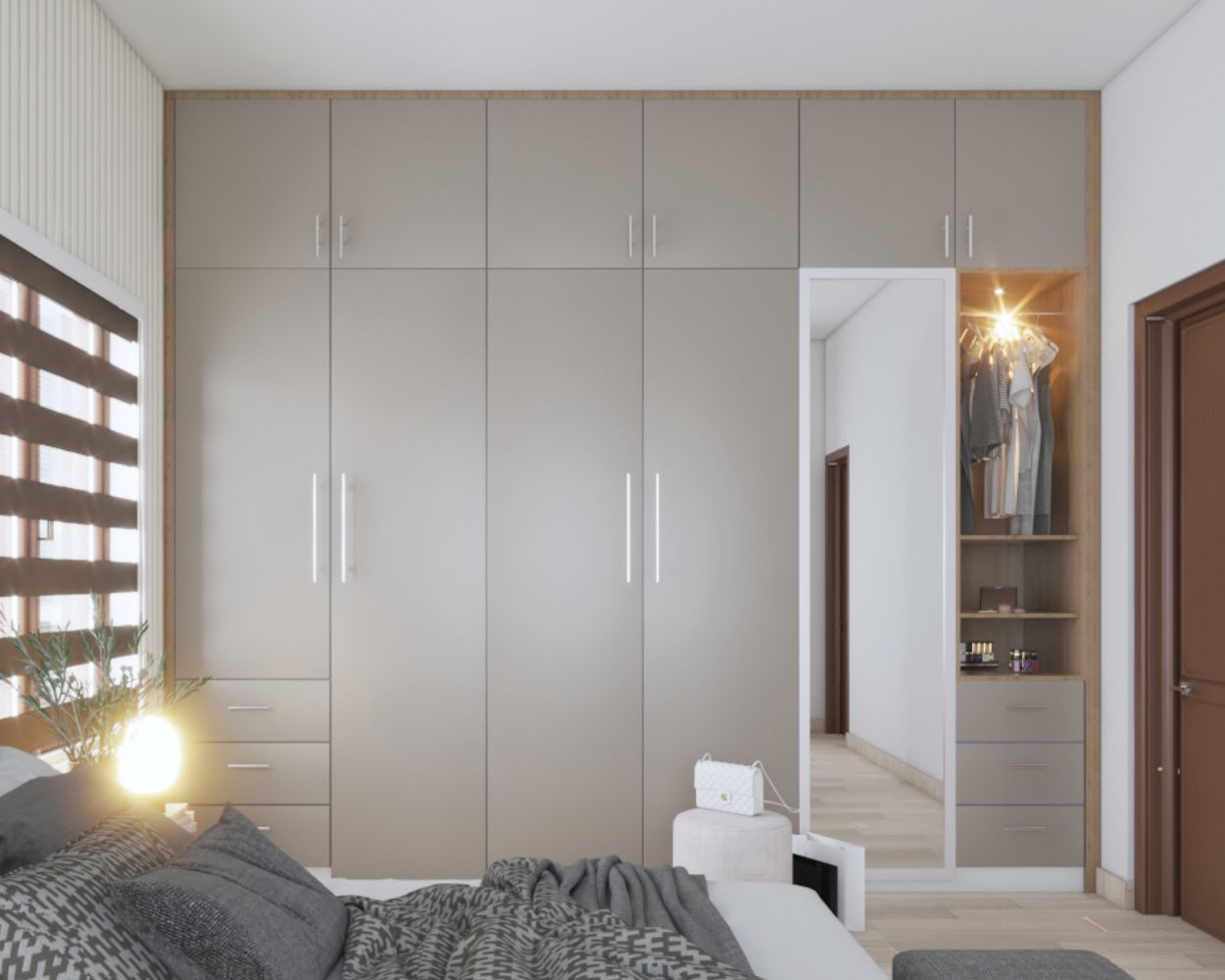 Modern 5-Door Pumic Grey Swing Wardrobe Design With Mirror And Loft Storage