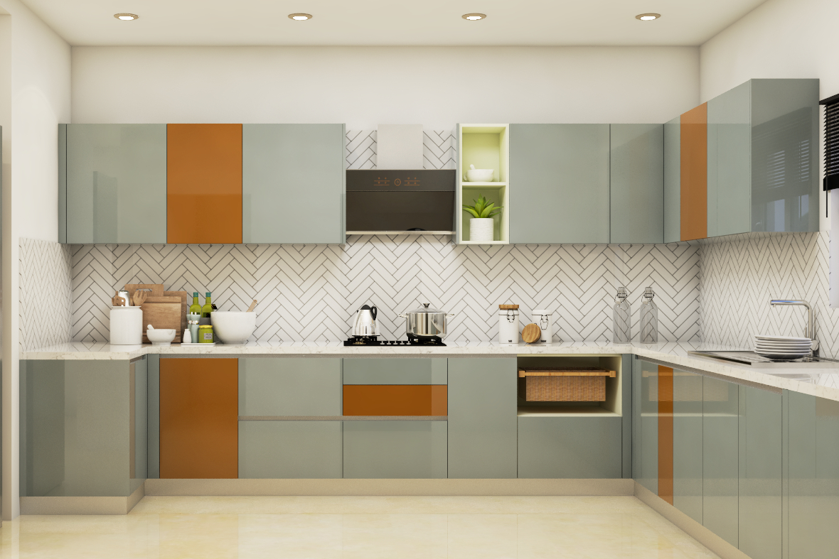 Premium Kitchen with Glossy Look and White Patterned Dado Livspace