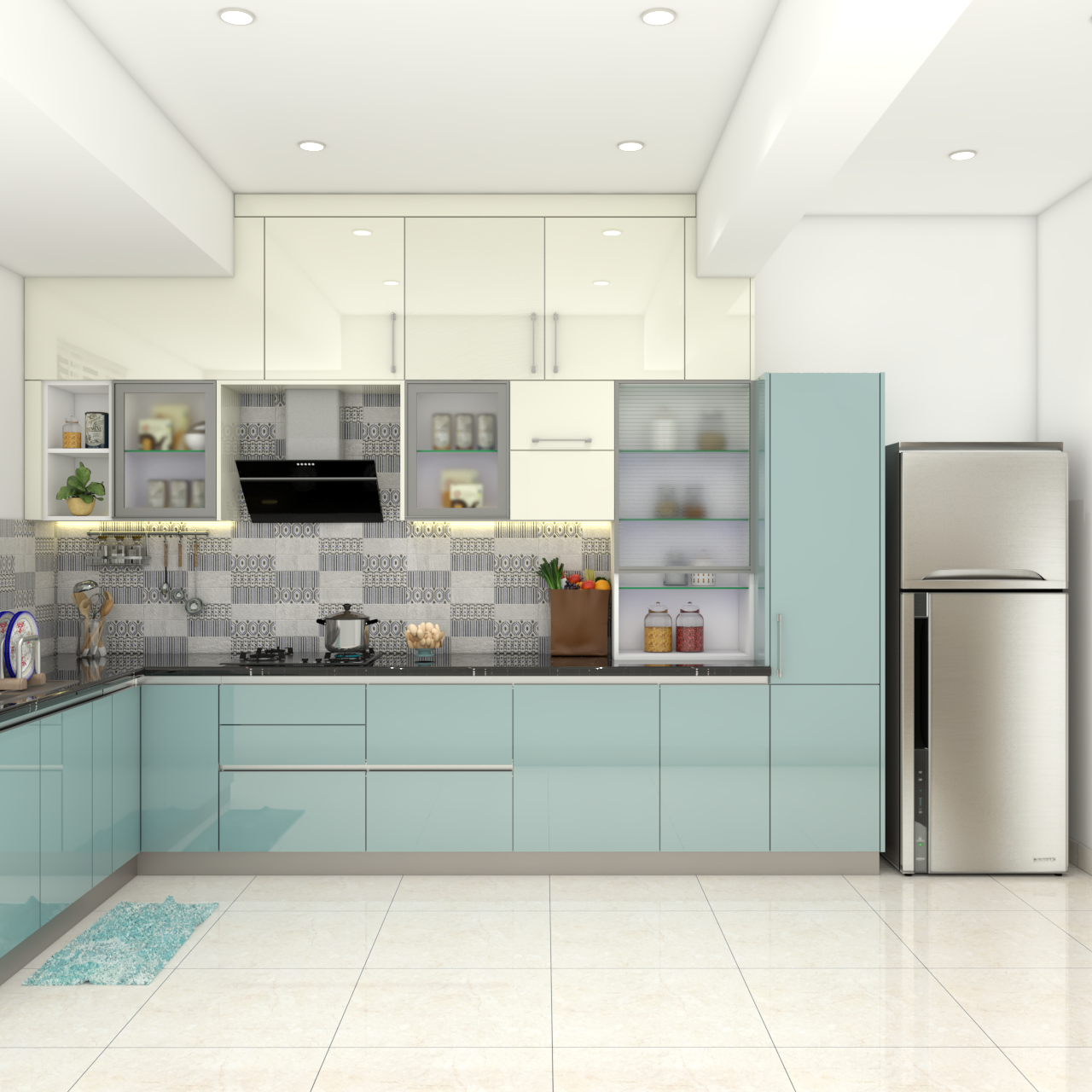 Premium Kitchen With Aqua Blue Cabinets And Edge Profile Handles Livspace