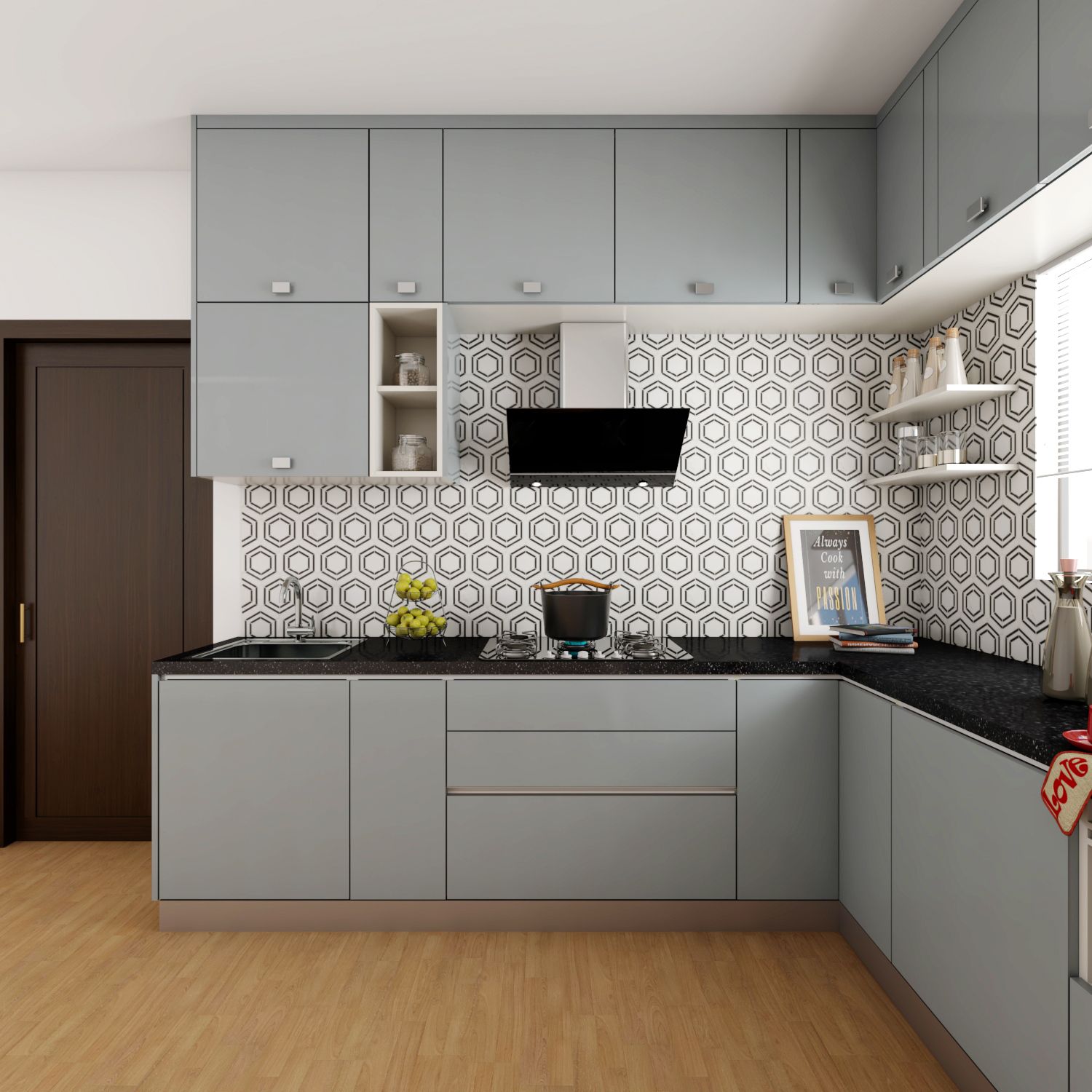 Classy Grey Coloured Kitchen With Black Marble Top And Geometric 