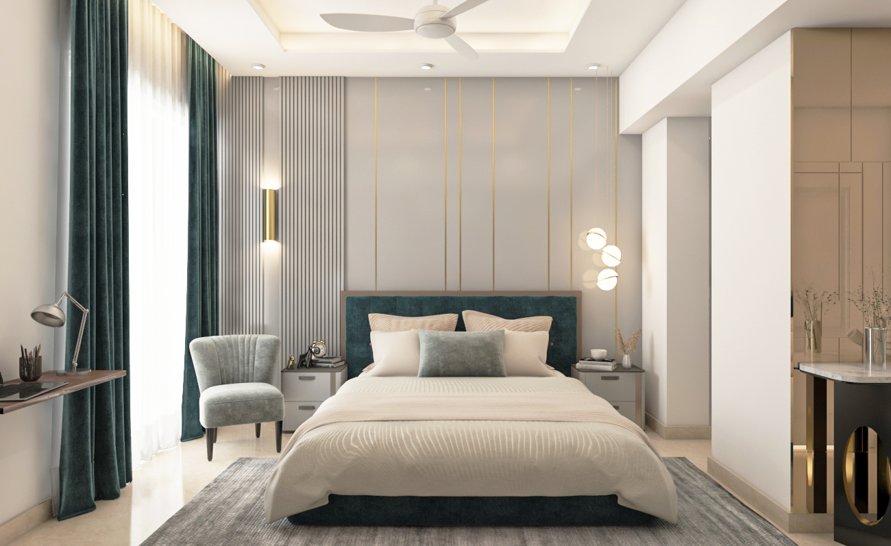 Spacious Contemporary Design Teal-Coloured Master Bedroom | Livspace