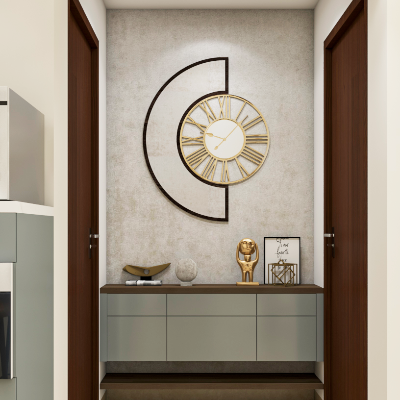 Compact Foyer With Unique Wall Clock Livspace