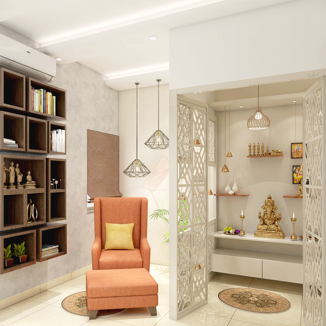 Modern Pooja Room Design with Open Shelves and Storage Drawers | Livspace