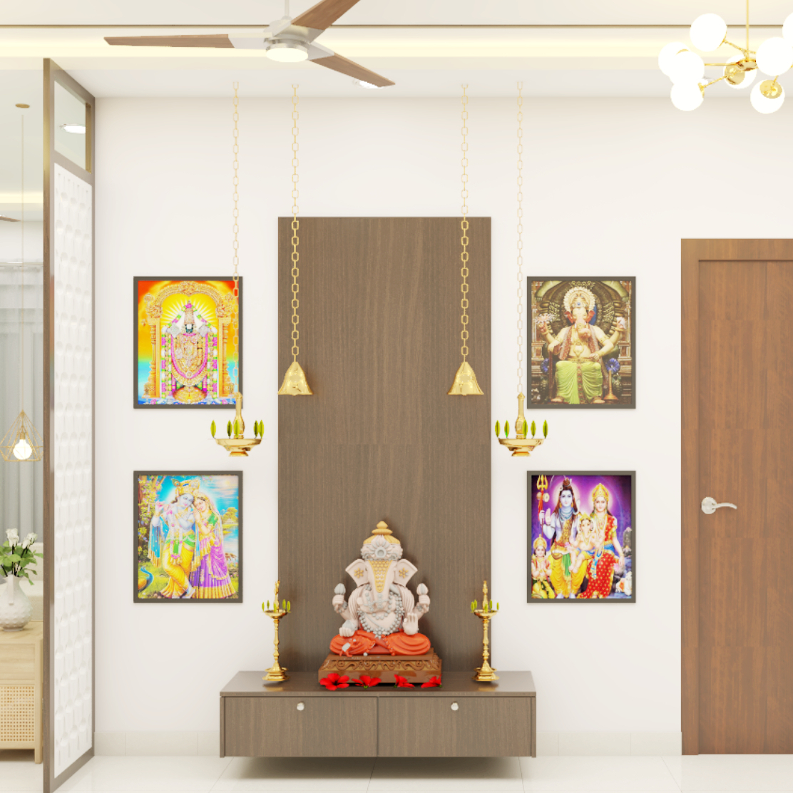 Spacious Minimal Pooja Room Design with Hanging Bells | Livspace