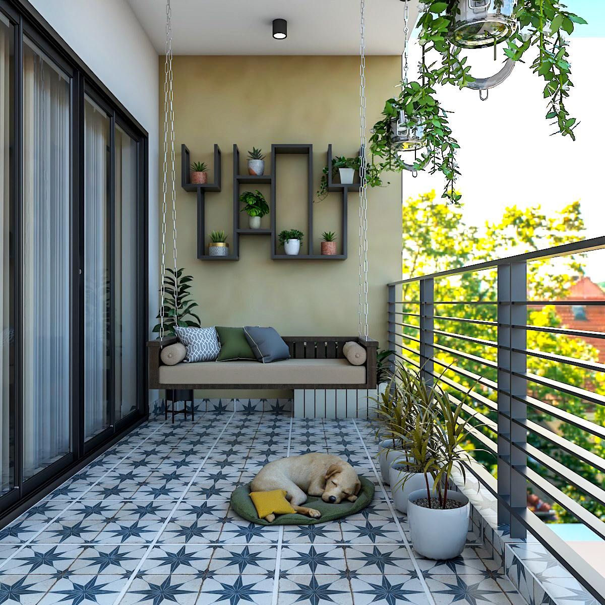 Modern Balcony Design With Blue And White Tiles