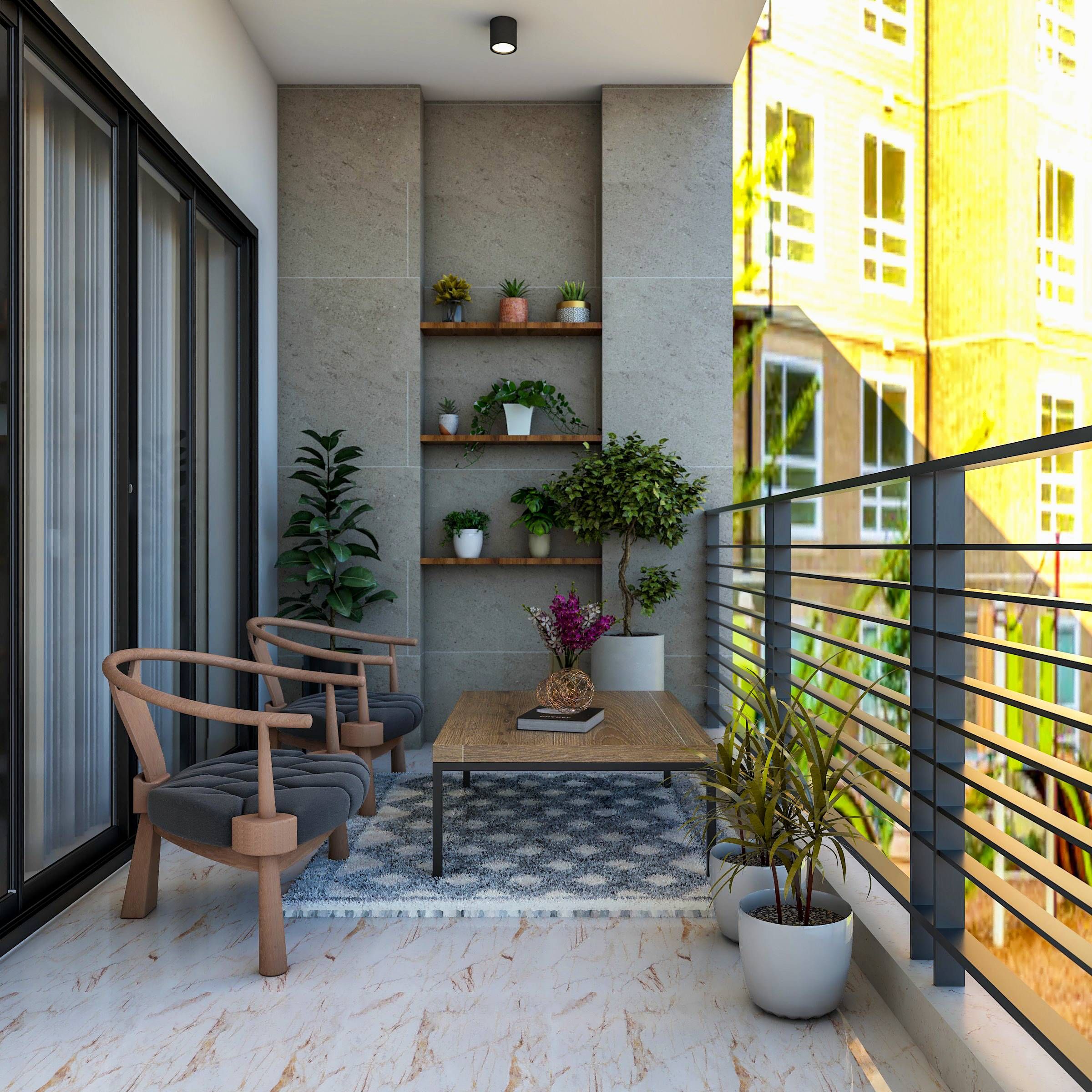 Compact Balcony Design Idea With Shelves And Planters Livspace