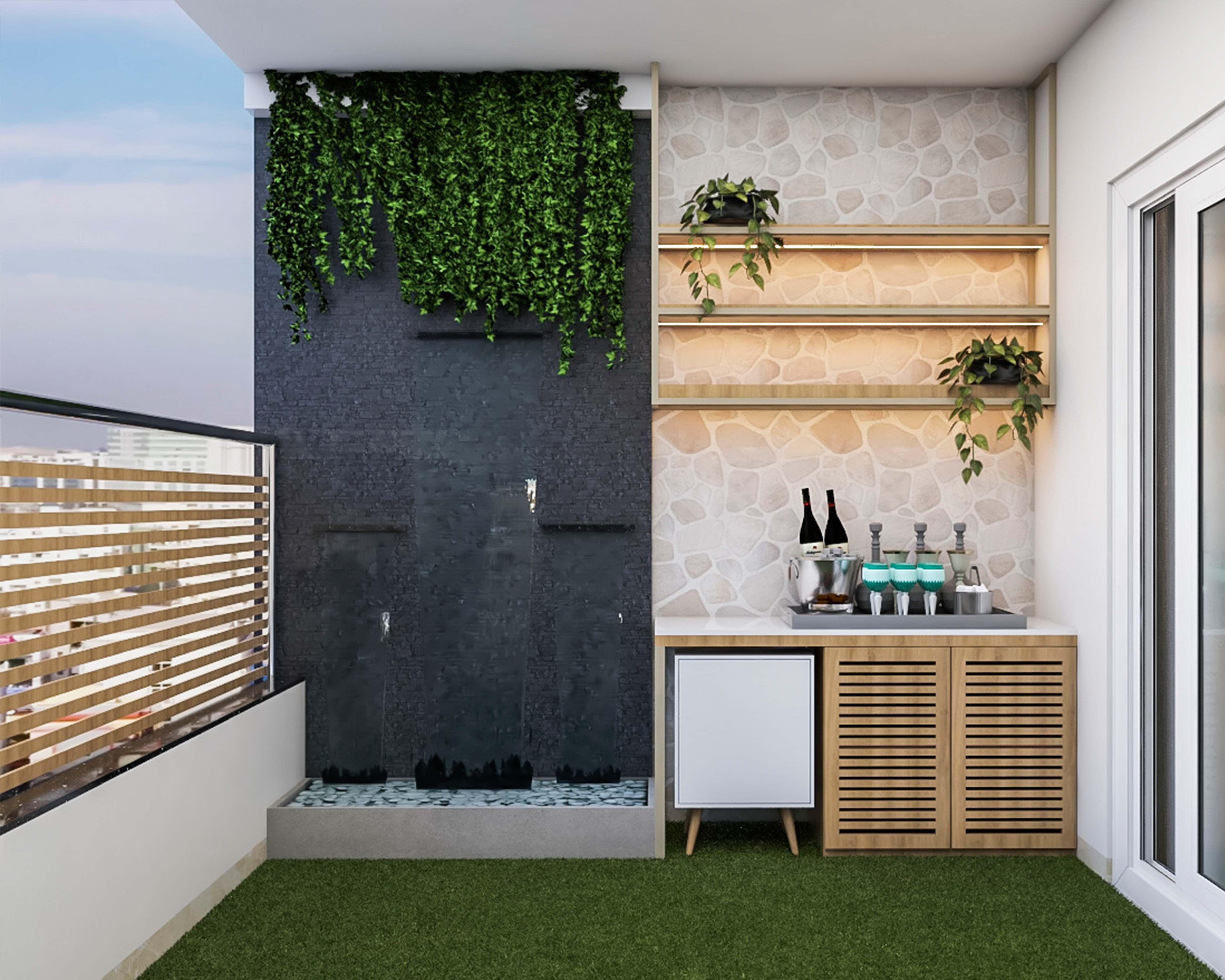 Modern Styled Spacious Balcony Design With Bar Unit
