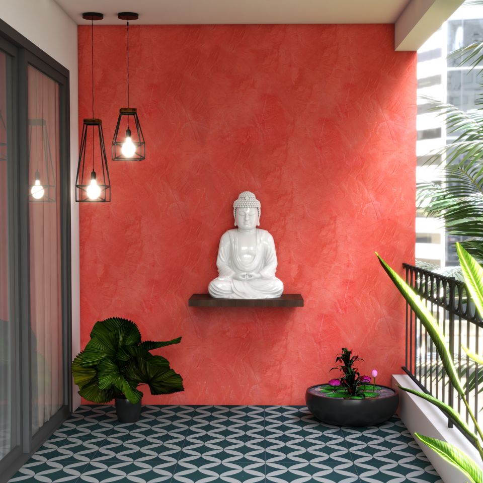 Modern Balcony Design With Red Accent Wall And Buddha Statue