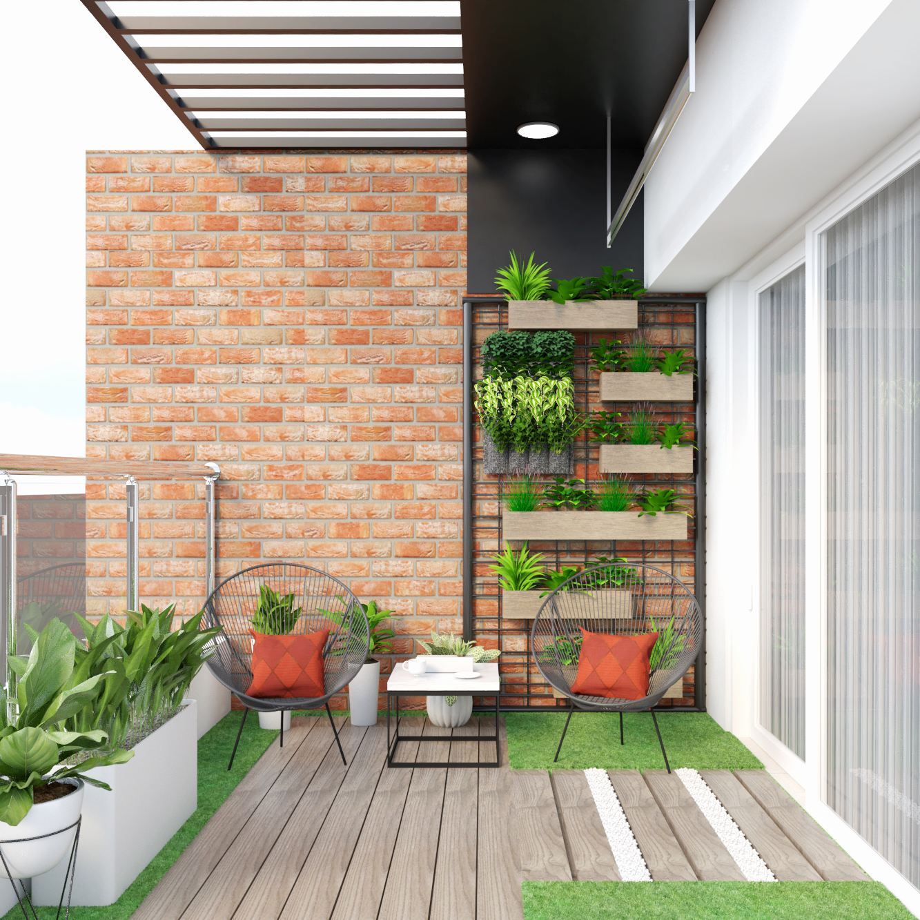 Industrial Spacious Balcony Design With Brick Wall