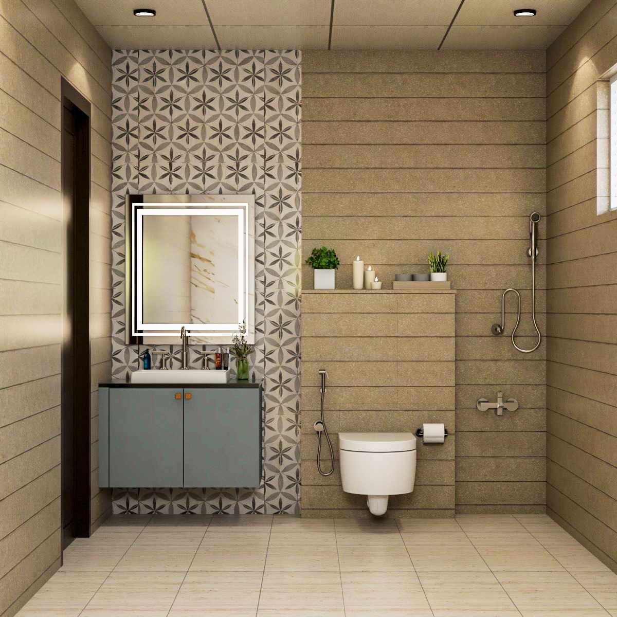 Modern Small Bathroom Design With Blue Vanity