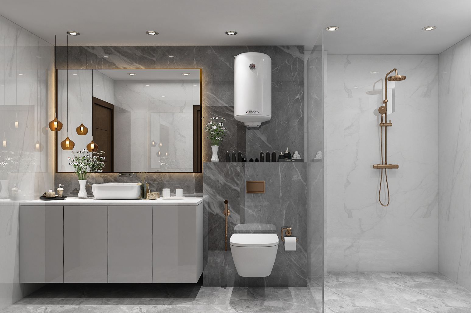 Modern Spacious Grey Bathroom Design With Brass Fittings