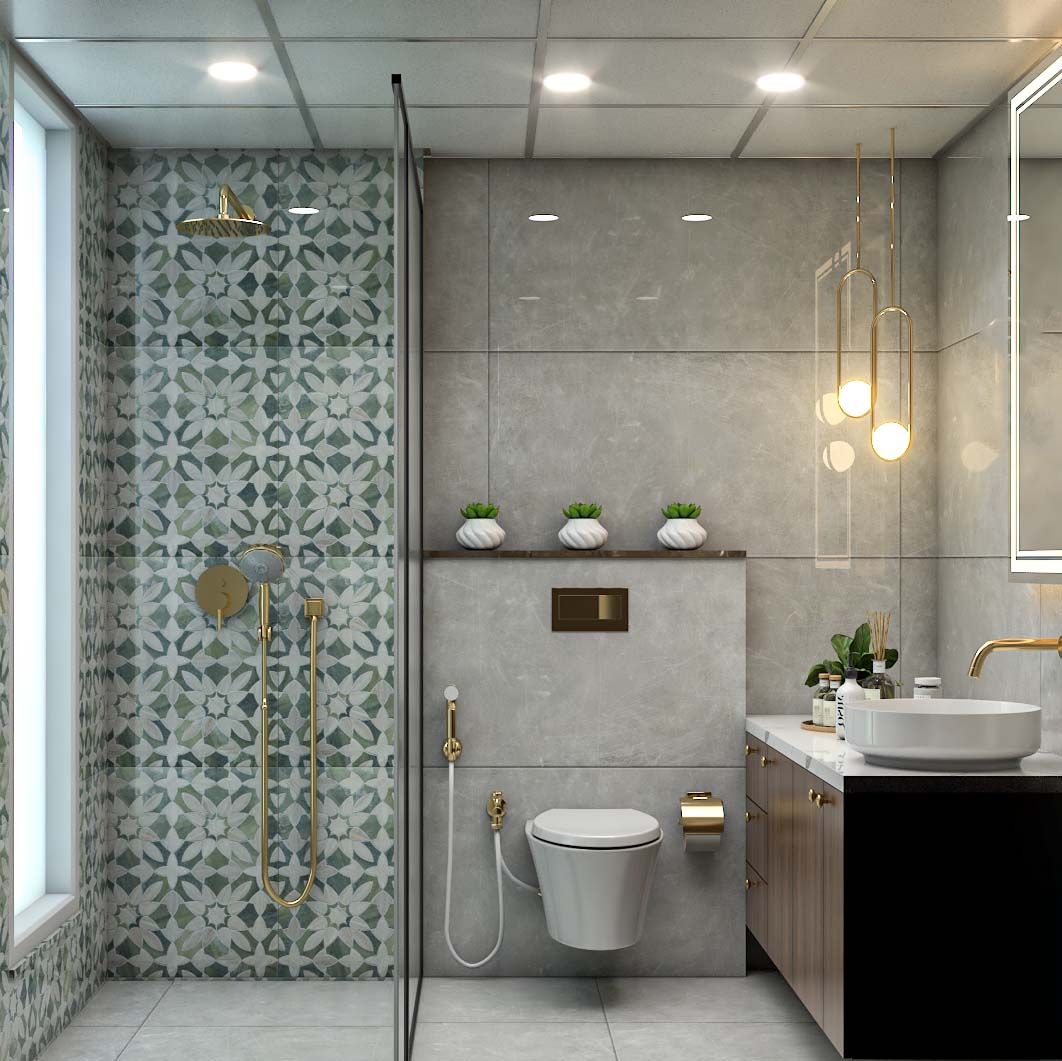 Modern Floral Patterned Bathroom Design In Grey