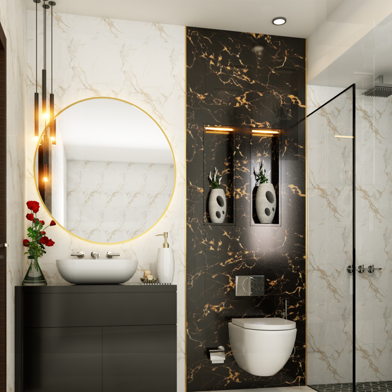 Classic Dual-Toned Bathroom Design With Marble Walls