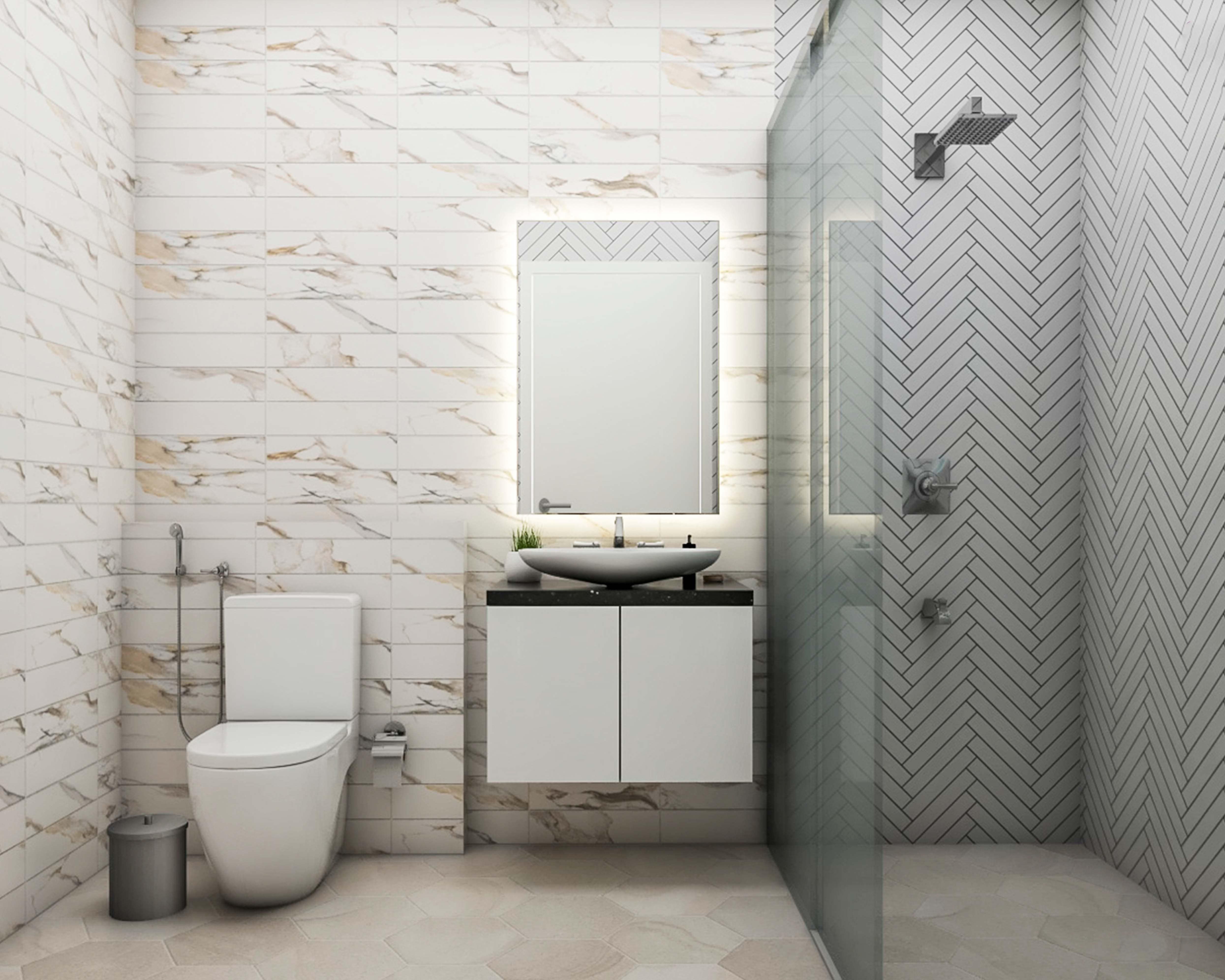 Contemporary Dual-Toned Spacious White Bathroom Design