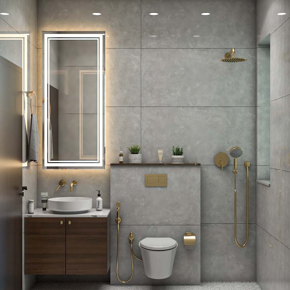 Contemporary Grey-Themed Bathroom Design With LED Paneled Mirror