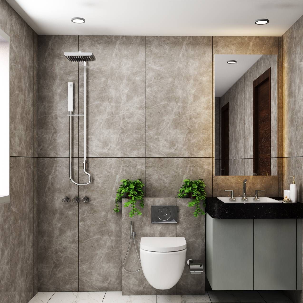 Modern Small Bathroom Design Idea With Grey Matte Finish Wall