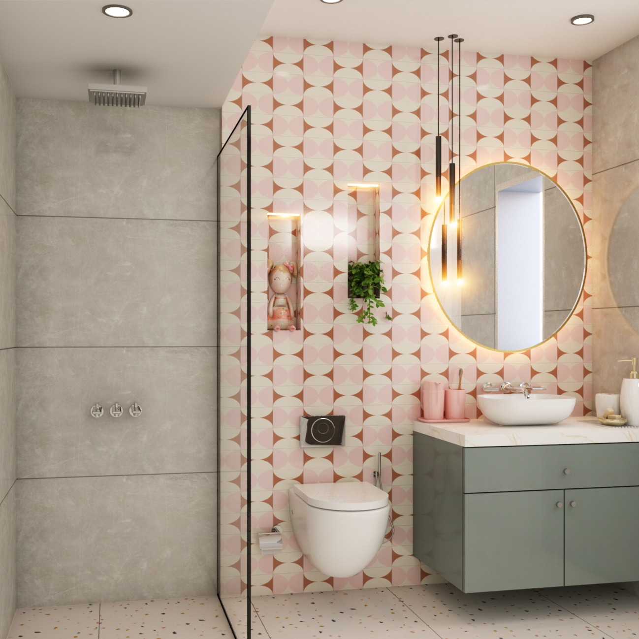 Modern Bathroom Design With Pink Patterned Wall