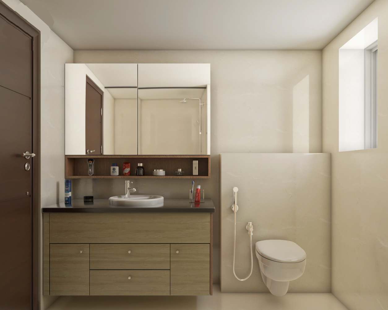 Compact Bathroom With Wooden Finish Vanity Unit