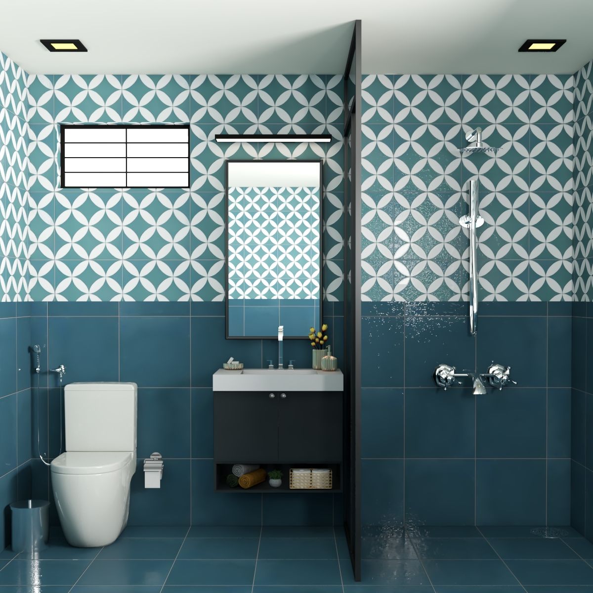 Blue-Themed Modern Bathroom Design With Cement Wall Tiles | Livspace