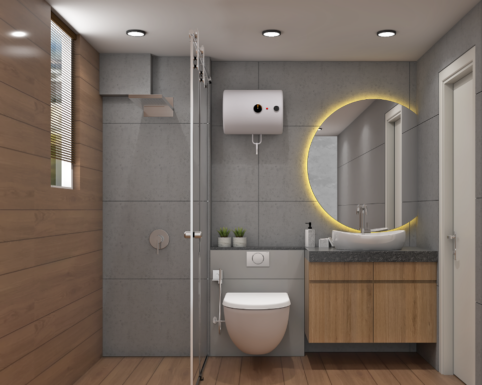 Contemporary Spacious Bathroom Design In Grey And Wood