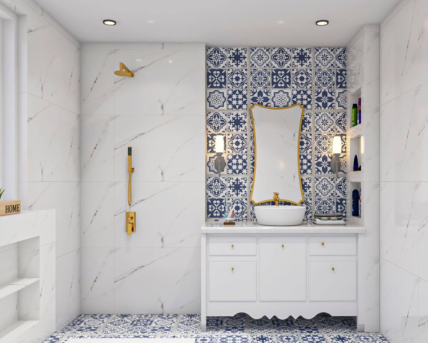 Classic-Styled Convenient Spacious Bathroom Design With Blue Moroccan Tiles