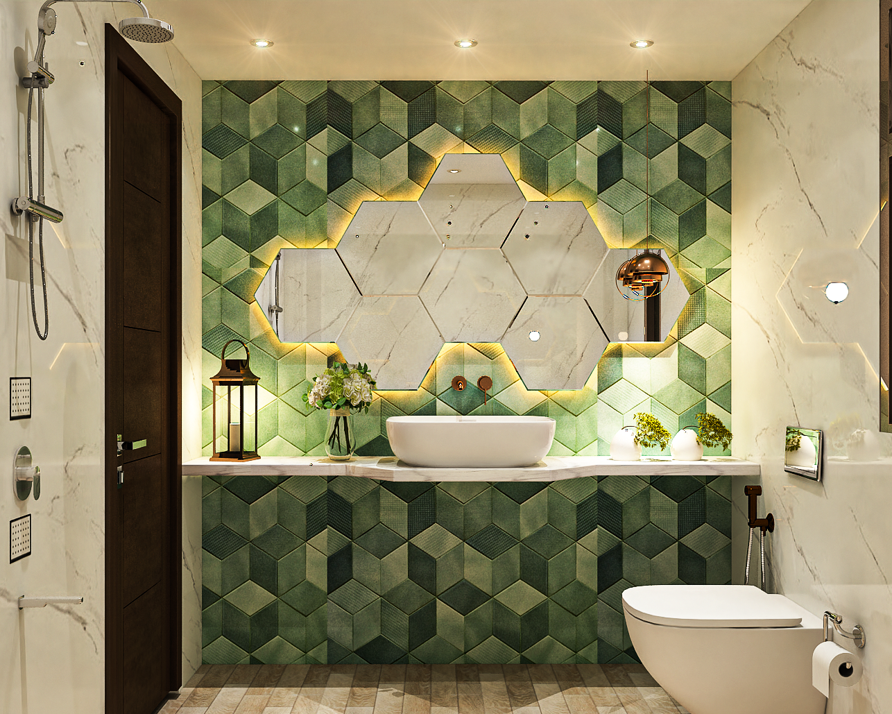 Compact Bathroom Design With Moss Green Tiling