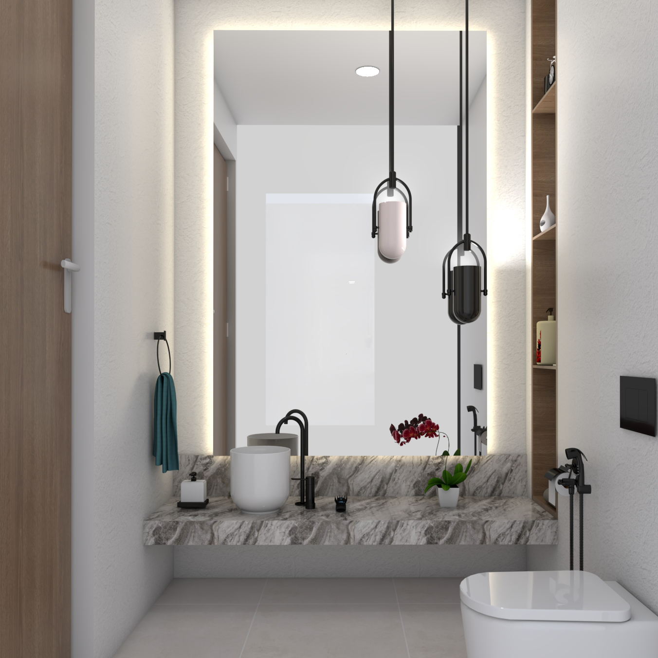 Compact Modern Bathroom Design With Hanging Lights Livspace