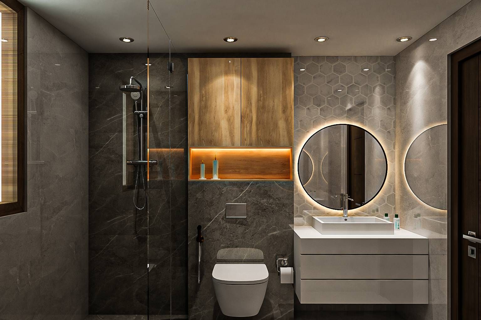 Modern Styled Spacious Bathroom Design With Dark Interiors