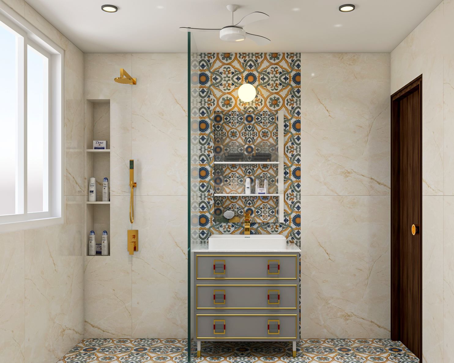 Spacious Classic-Styled Convenient Bathroom Design With Glossy Beige Tiles