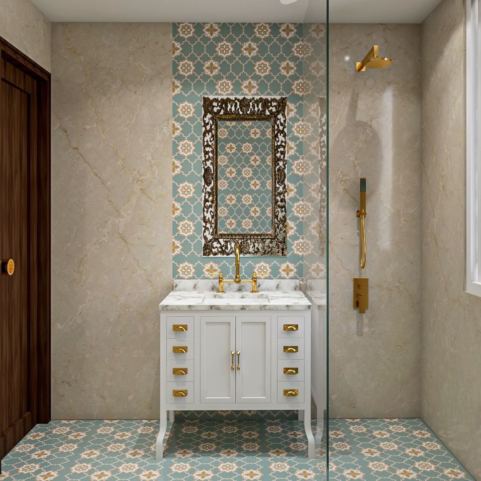 Classic-Styled Spacious Bathroom Design With Green Moroccan Tiles