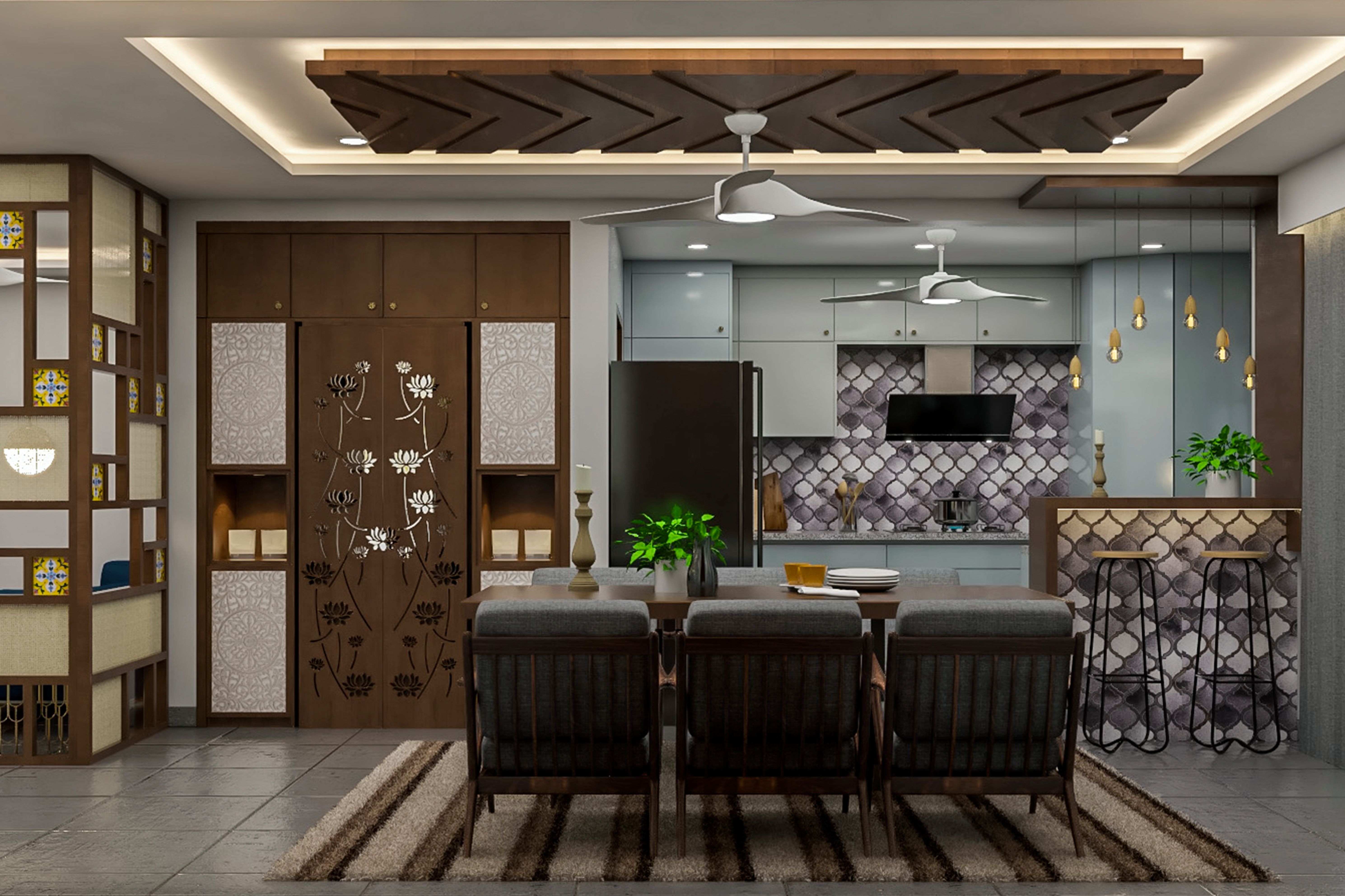 Spacious 6 Seater Dining Room Design In Grey And Wooden Textures Livspace