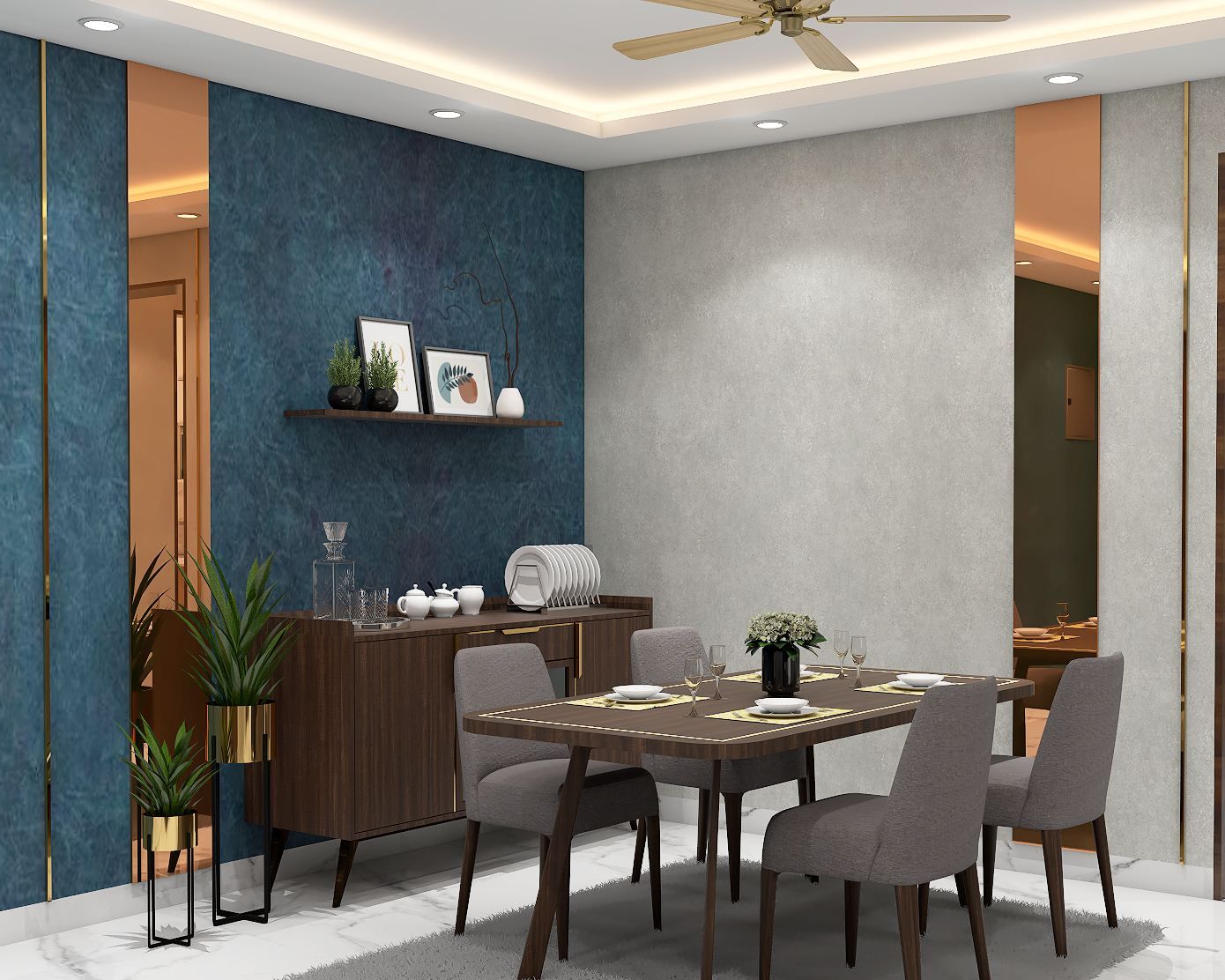 Contemporary Dining Room Design With Vibrant Blue Wall | Livspace